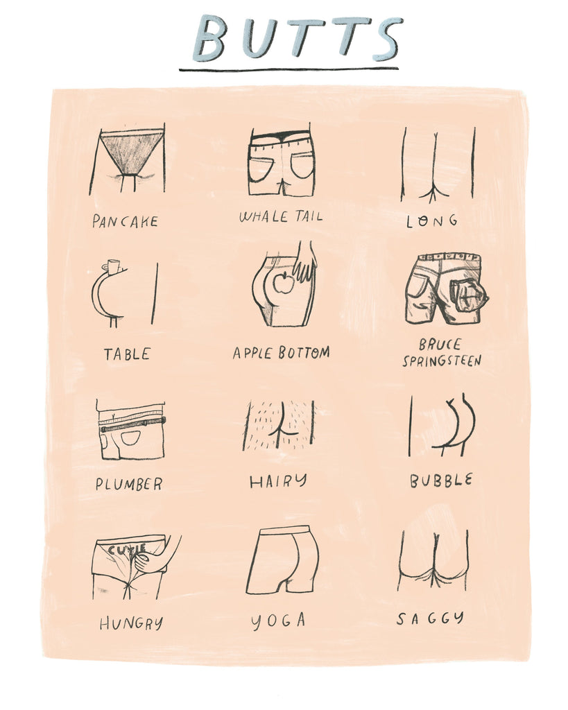Grid of twelve drawings of different shaped human butts