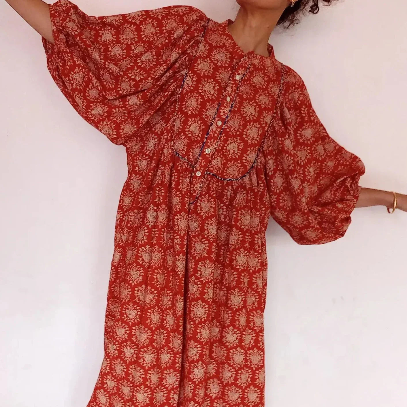 Antique Organic Cotton Puff Sleeve Blockprint Dress - Red