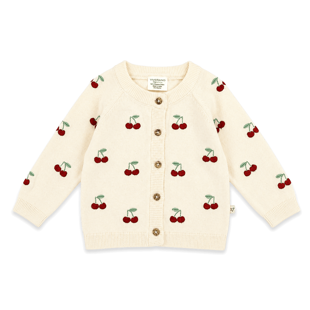 Cherry Embroidered Sweater Knit Baby Cardigan (Organic)