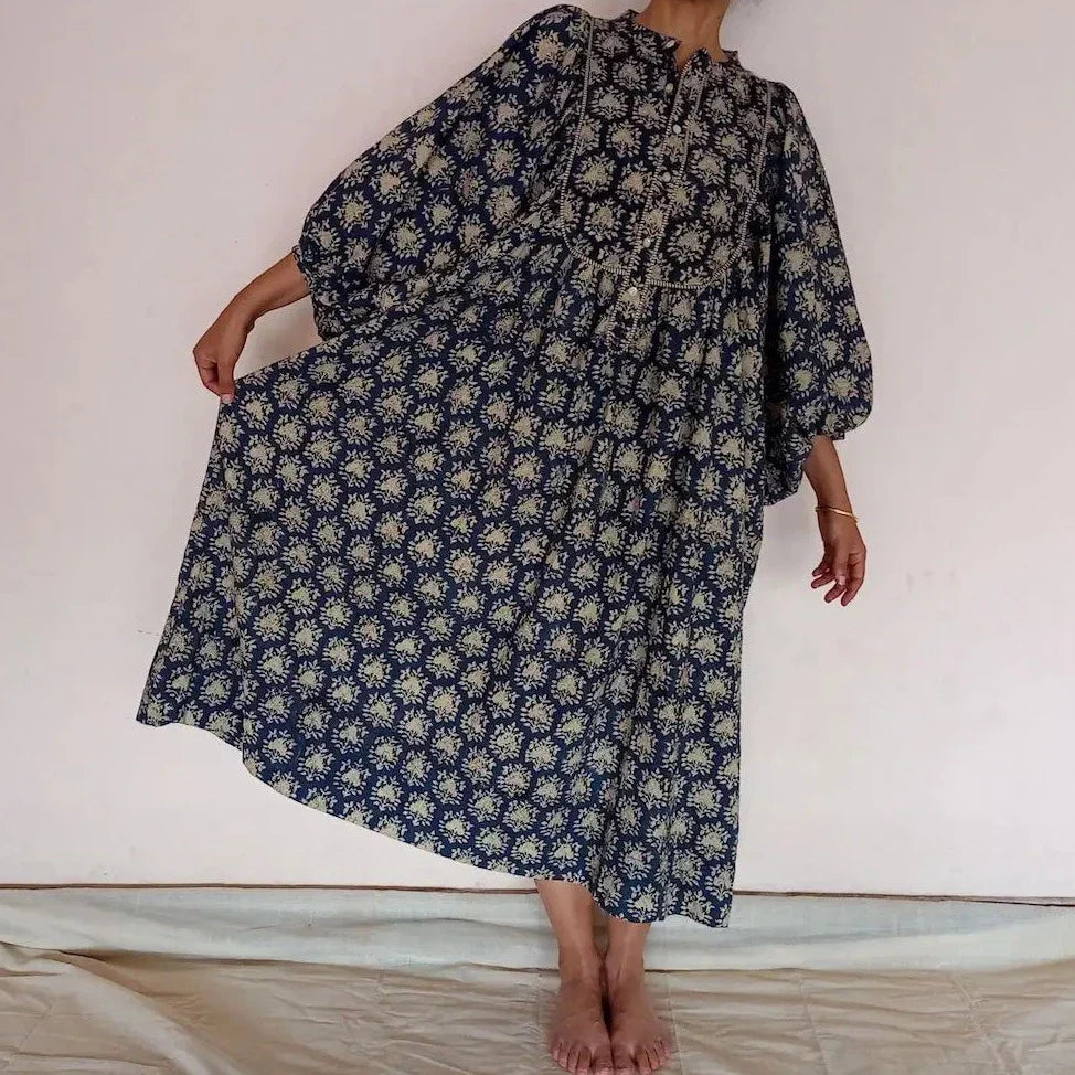 Organic Cotton Puff Sleeve Dress - Blue Blockprint