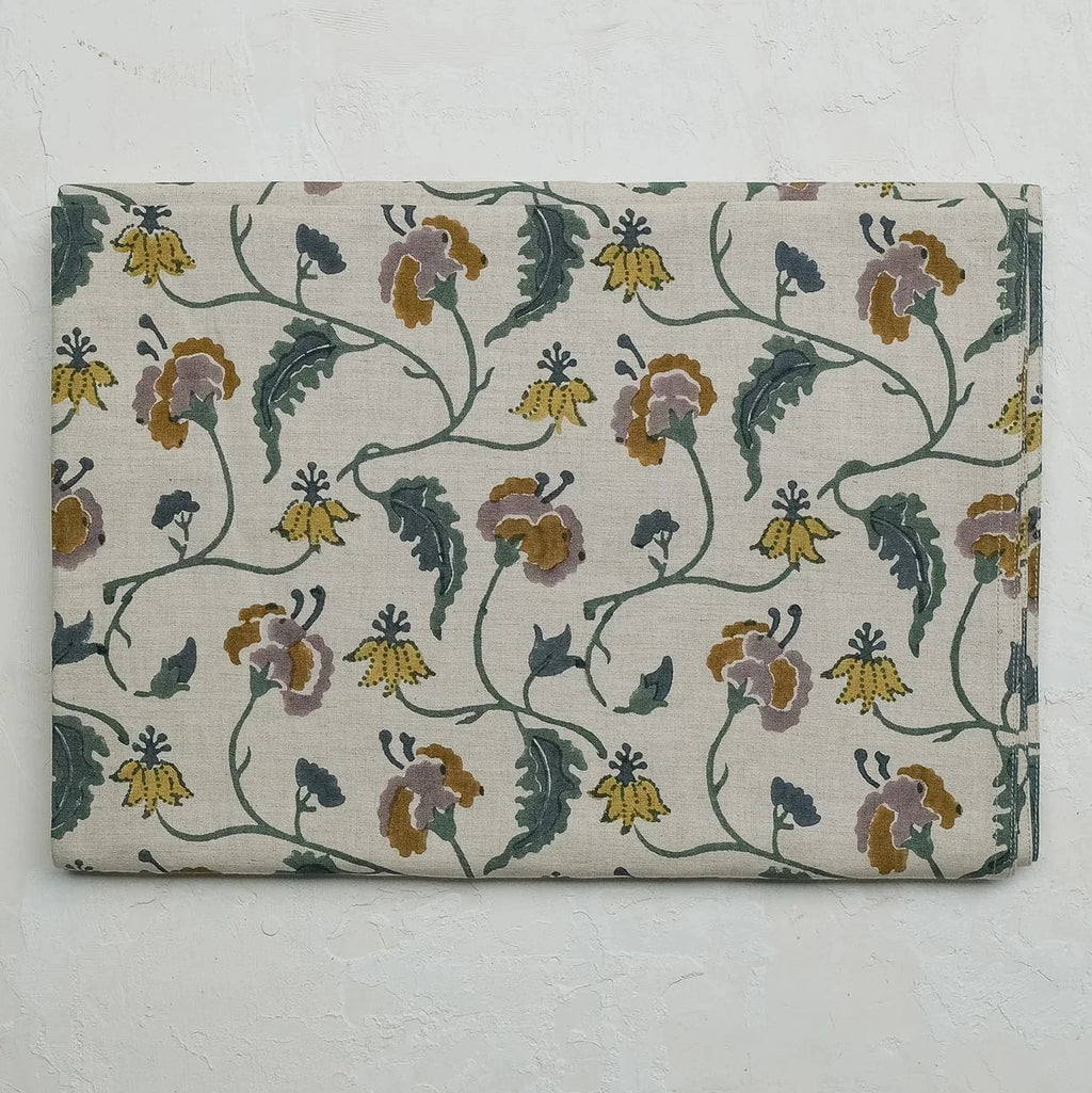 Dua - Hand Block-printed Linen Table Cloth (Forest)