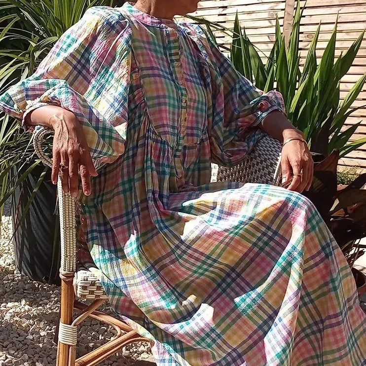 Organic Cotton Puff Sleeve Blockprint Dress - Bengal Pastel