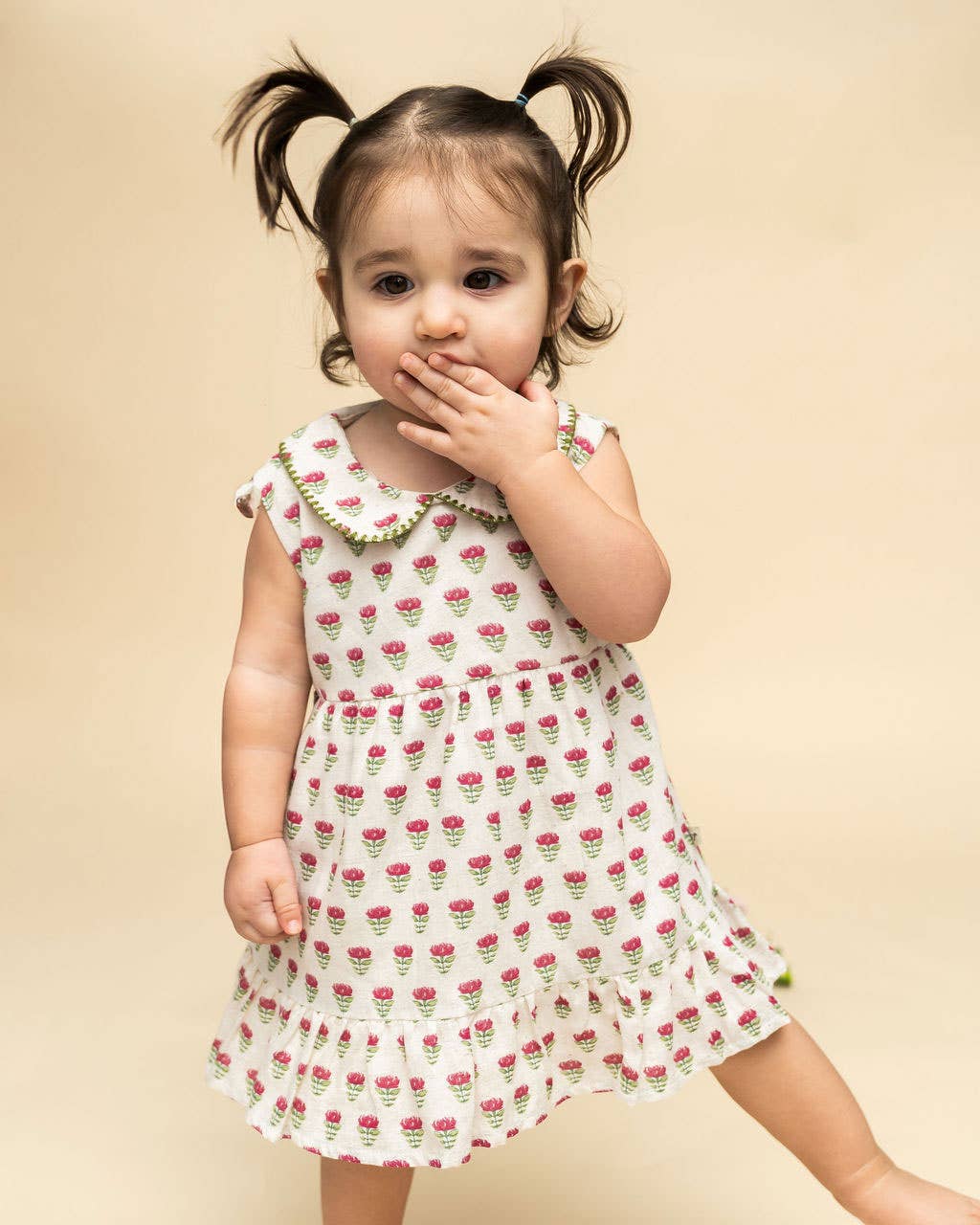 Mia Block Print Floral Baby Dress + Bloomer (Linen Blend)