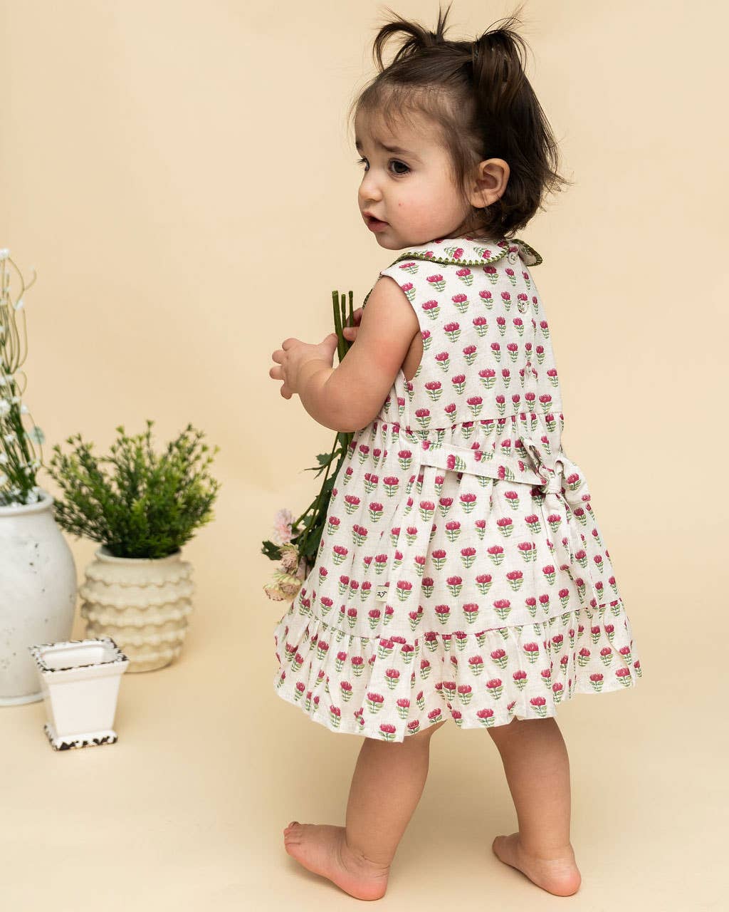 Mia Block Print Floral Baby Dress + Bloomer (Linen Blend)