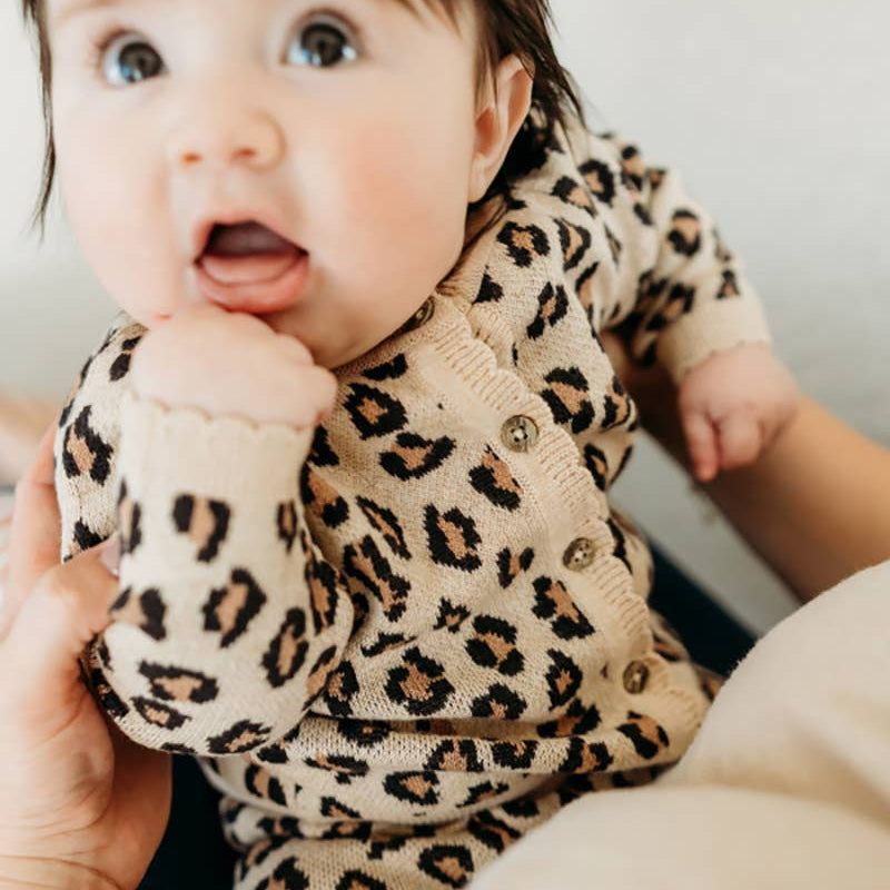 Leopard Jacquard Sweater Knit Baby Cardigan (Organic Cotton)