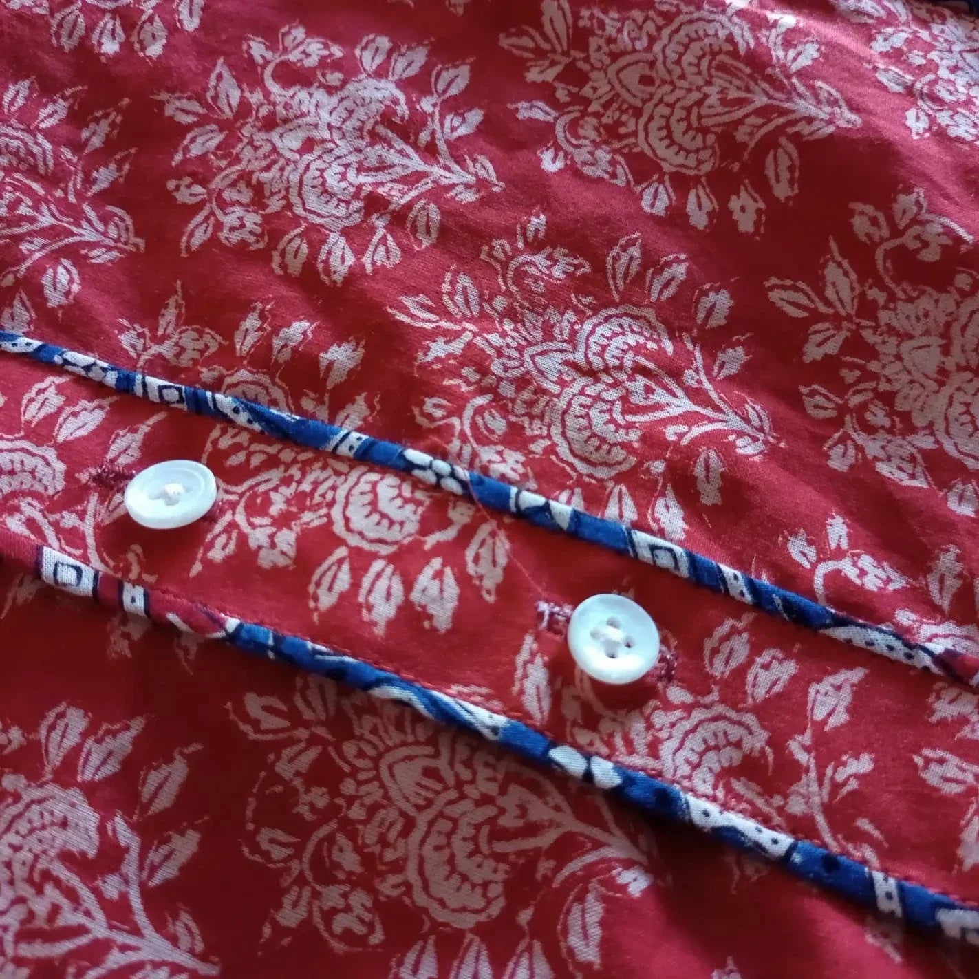 Antique Organic Cotton Puff Sleeve Blockprint Dress - Red