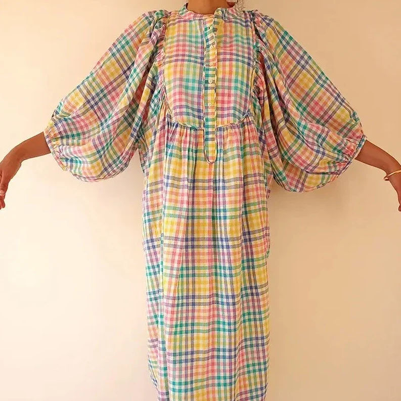 Organic Cotton Puff Sleeve Blockprint Dress - Bengal Pastel