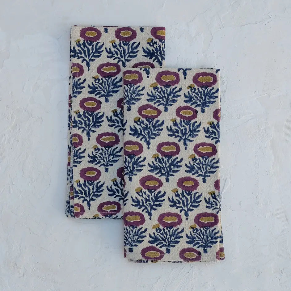 Soil to Studio  RUMI - Block-printed Table Napkins - Set of 4 - BLUE/PLUM