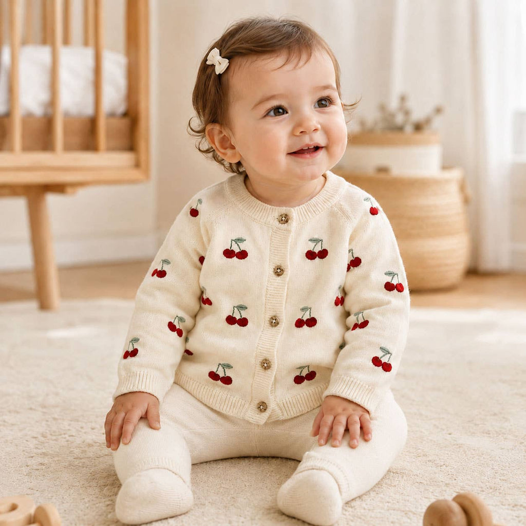 Cherry Embroidered Sweater Knit Baby Cardigan (Organic)