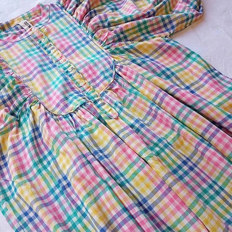 Organic Cotton Puff Sleeve Blockprint Dress - Bengal Pastel