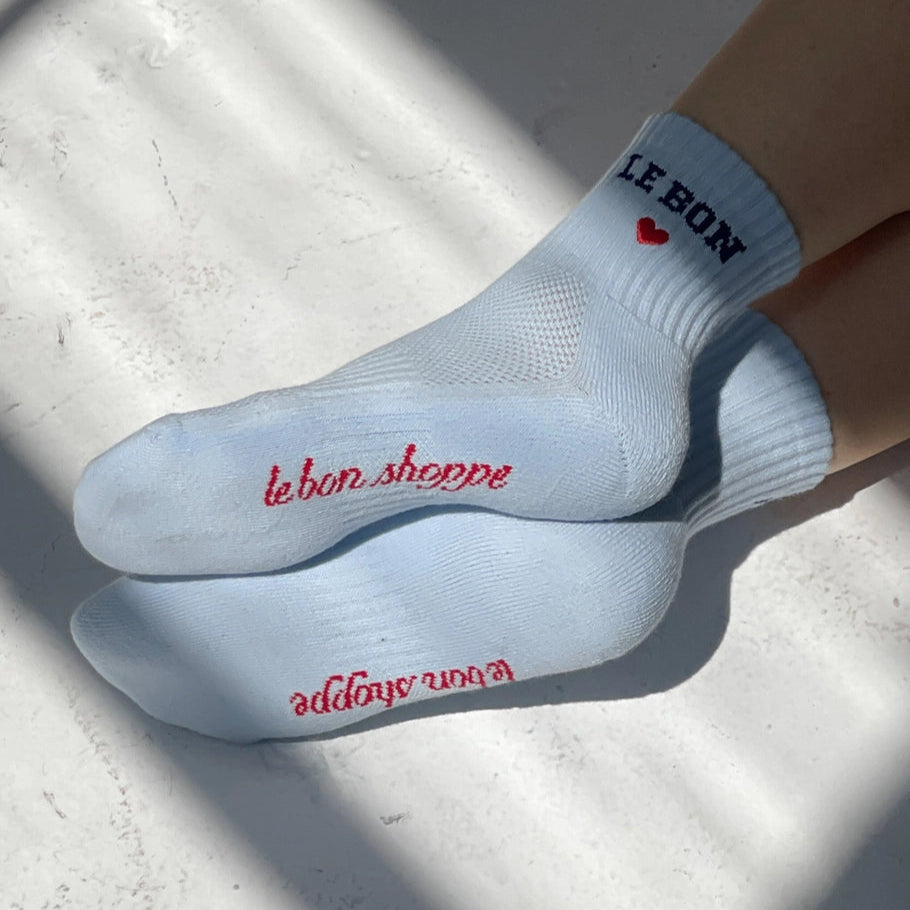 Embroidered Crew Socks - Sky Blue & Vanilla