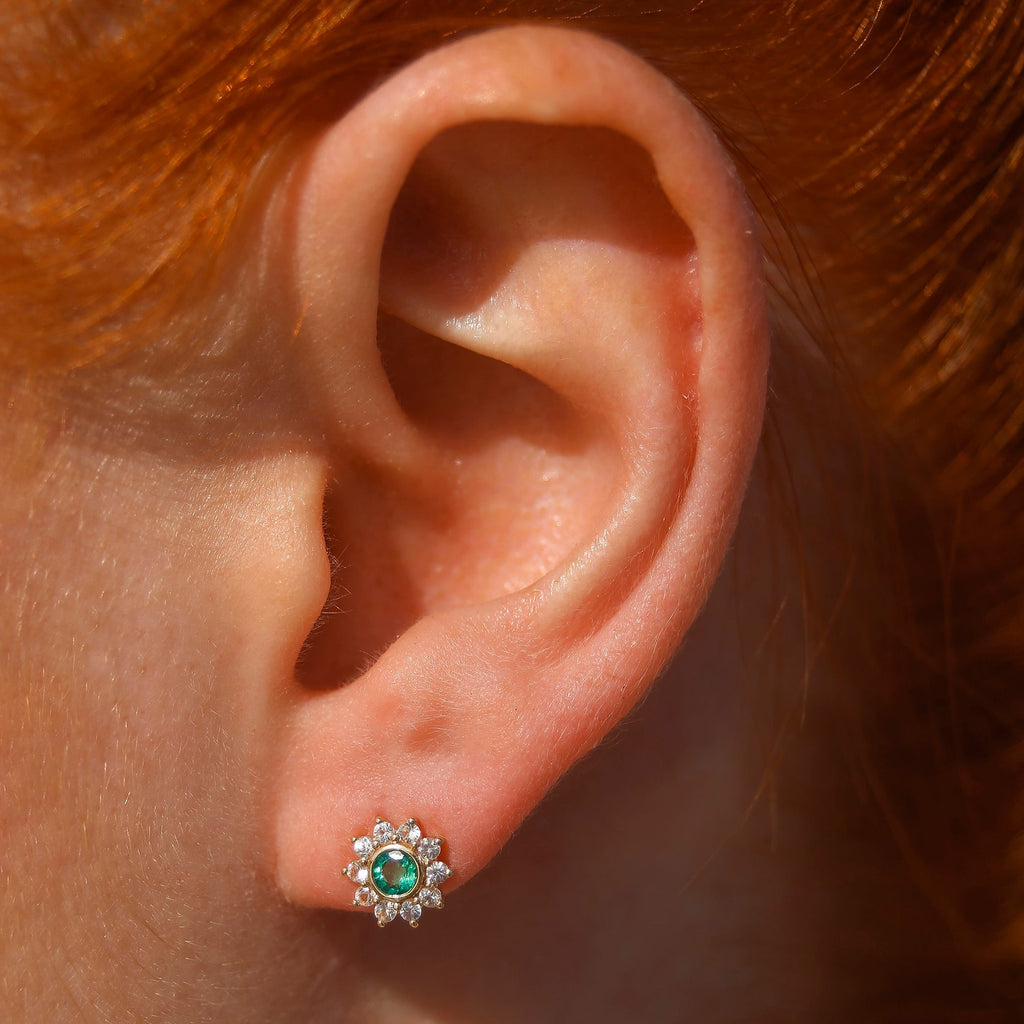10k Emerald & Sapphire Sunflower Studs