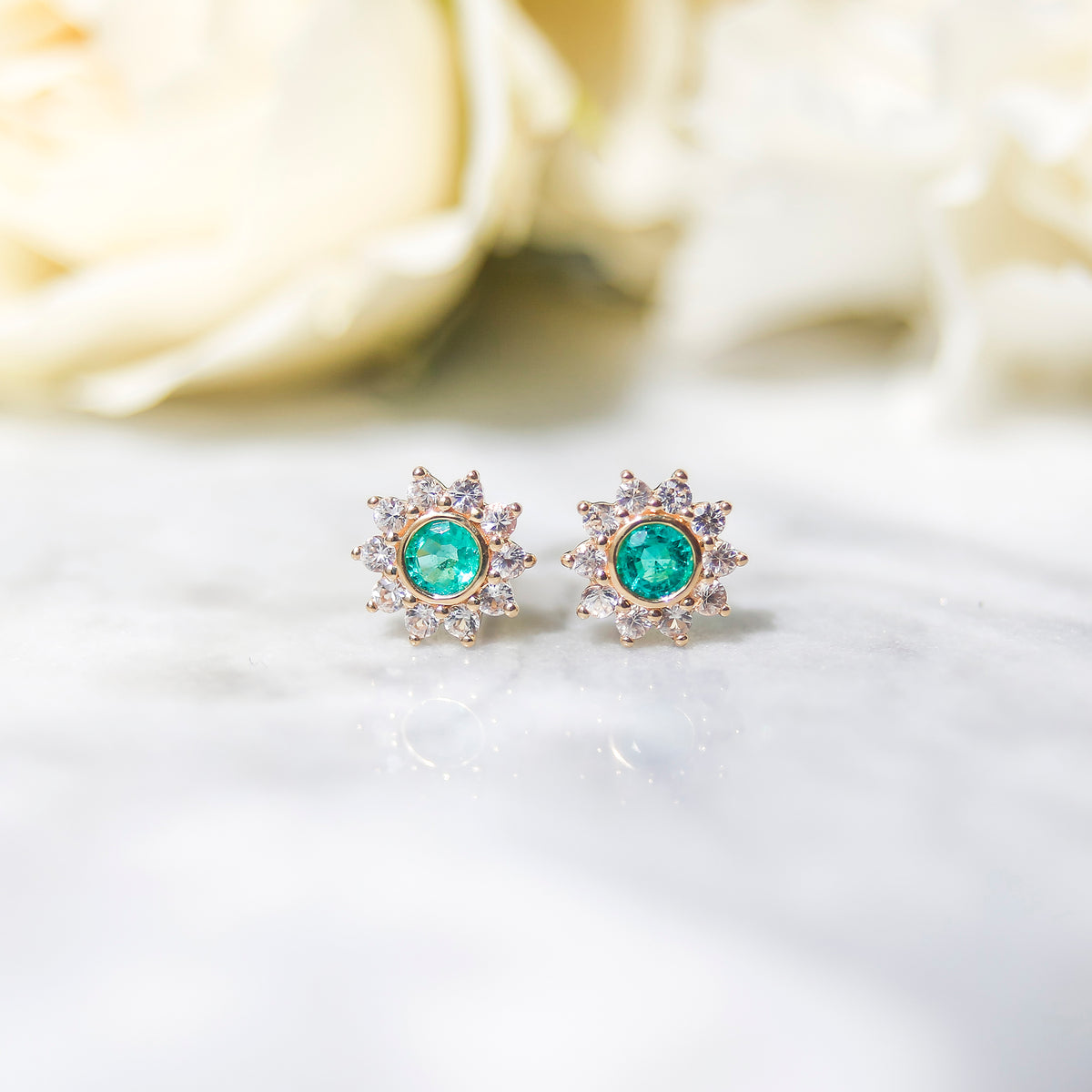 10k Emerald & Sapphire Sunflower Studs