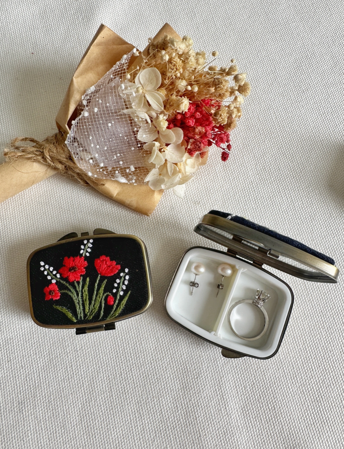 Floral Embroidered Rectangle Mini Jewelry Box with Mirror -Red Poppy