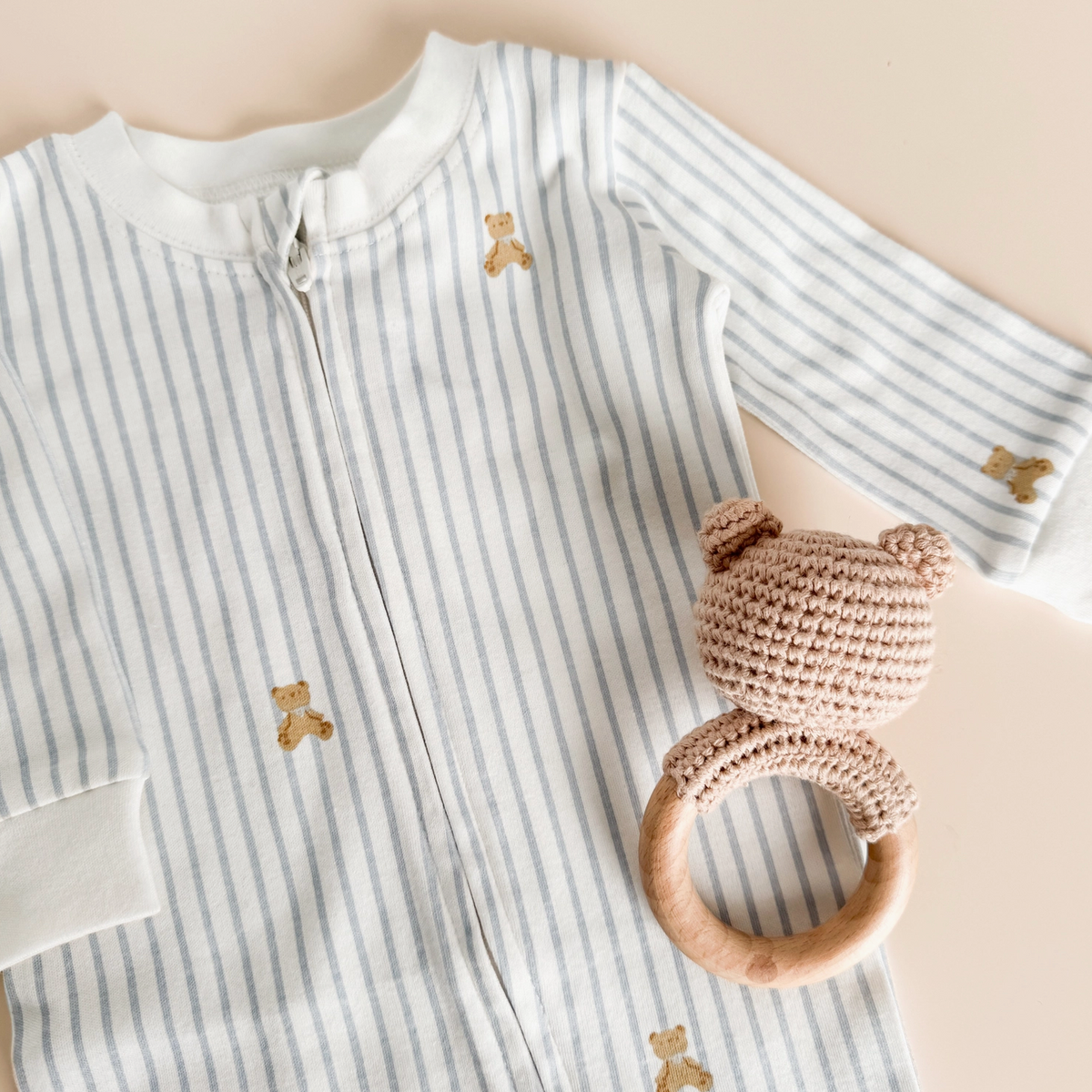 Knit Zipper Romper Teddy Bear Blue Baby Organic Newborn