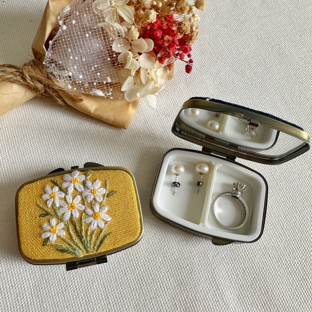 Floral Embroidered Rectangle Mini Jewelry Box with Mirror -Red Poppy