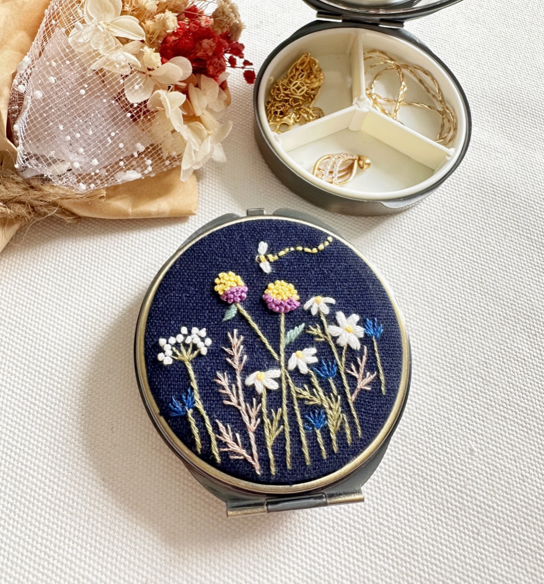 Floral Embroidered Round Jewelry Box with Mirror - Pink Roses