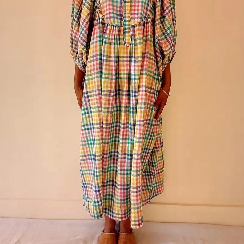 Organic Cotton Puff Sleeve Blockprint Dress - Bengal Pastel