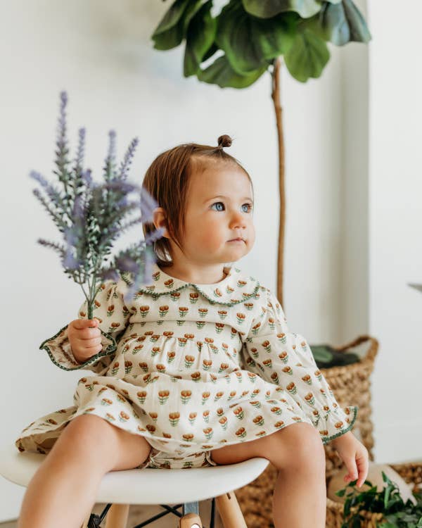 Ina Block Print Floral Baby Dress & Bloomer Set (Linen)