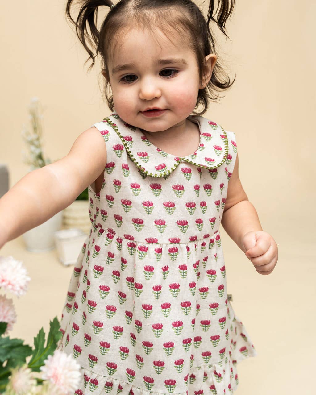 Mia Block Print Floral Baby Dress + Bloomer (Linen Blend)