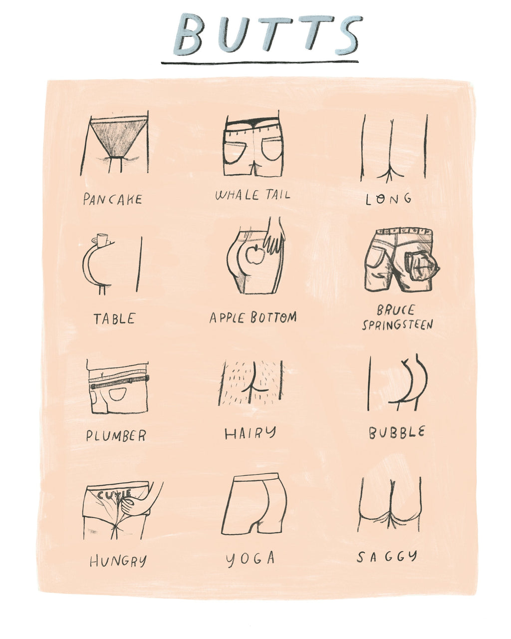 Grid of twelve drawings of different shaped human butts