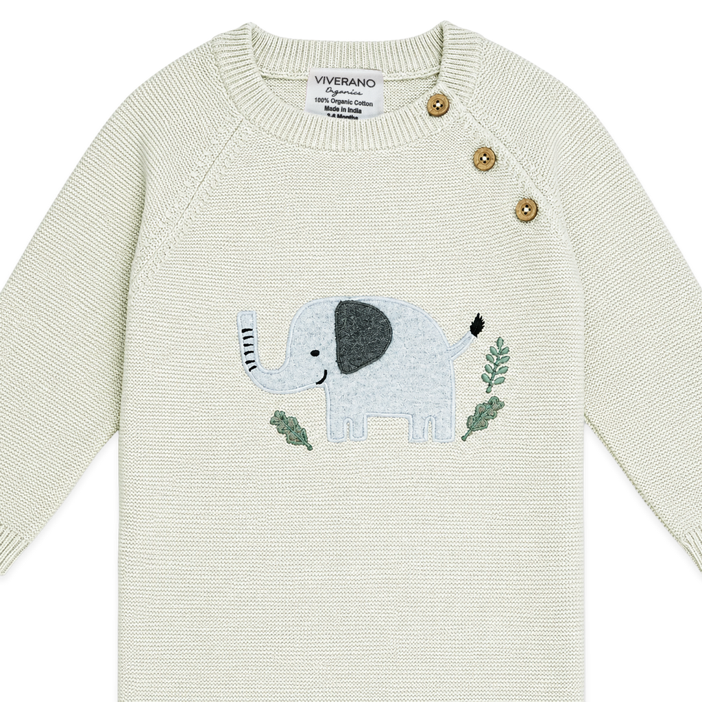 Elephant Jacquard Baby Sweater Knit Jumpsuit Organic Cotton