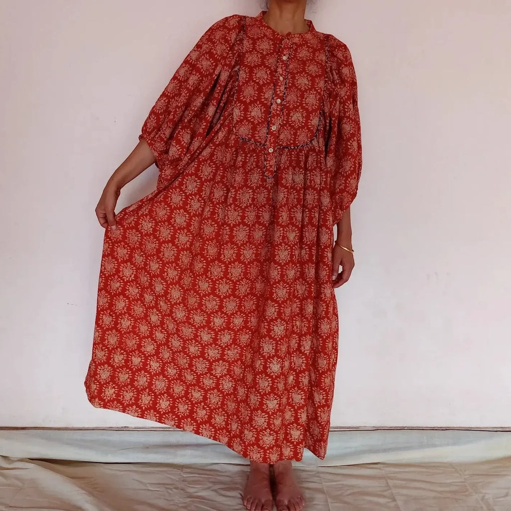 Antique Organic Cotton Puff Sleeve Blockprint Dress - Red