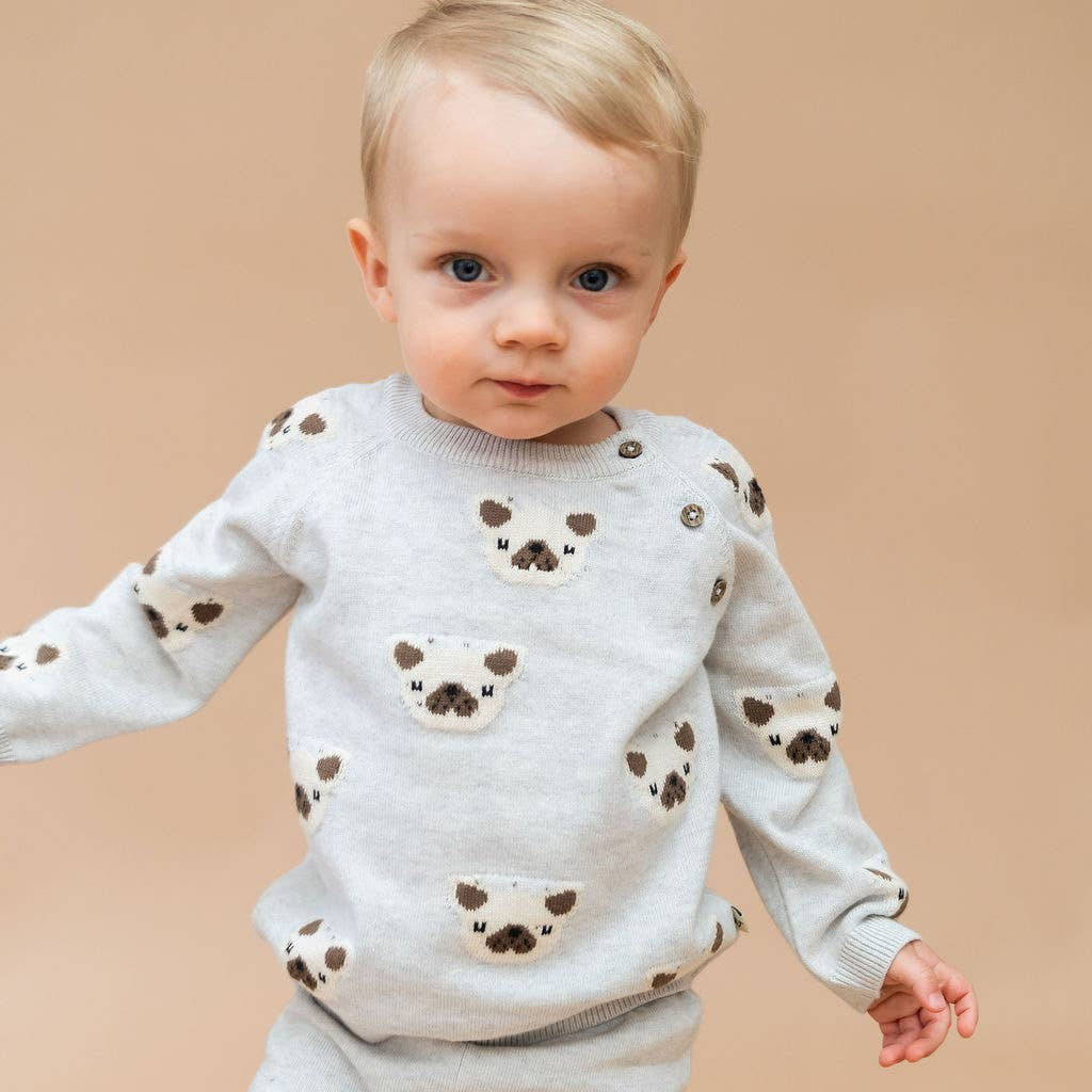 Frenchie Puppy Jacquard Knit Baby Pullover + Pants  Organic