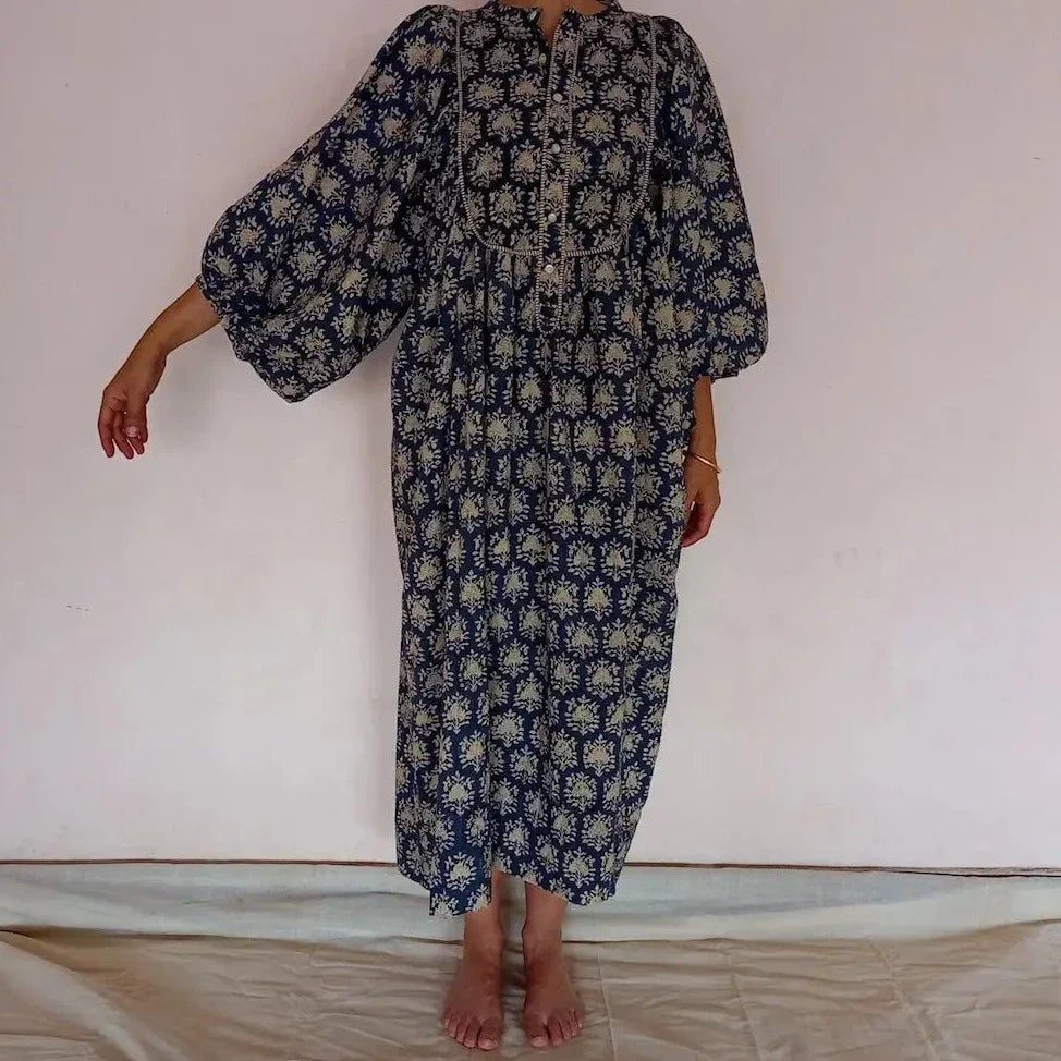 Organic Cotton Puff Sleeve Dress - Blue Blockprint