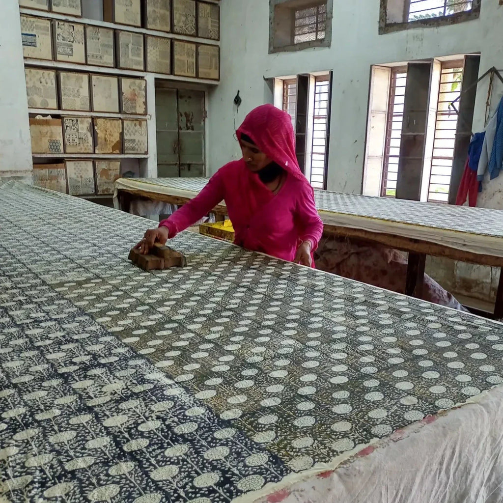 Organic Cotton Puff Sleeve Dress - Blue Blockprint