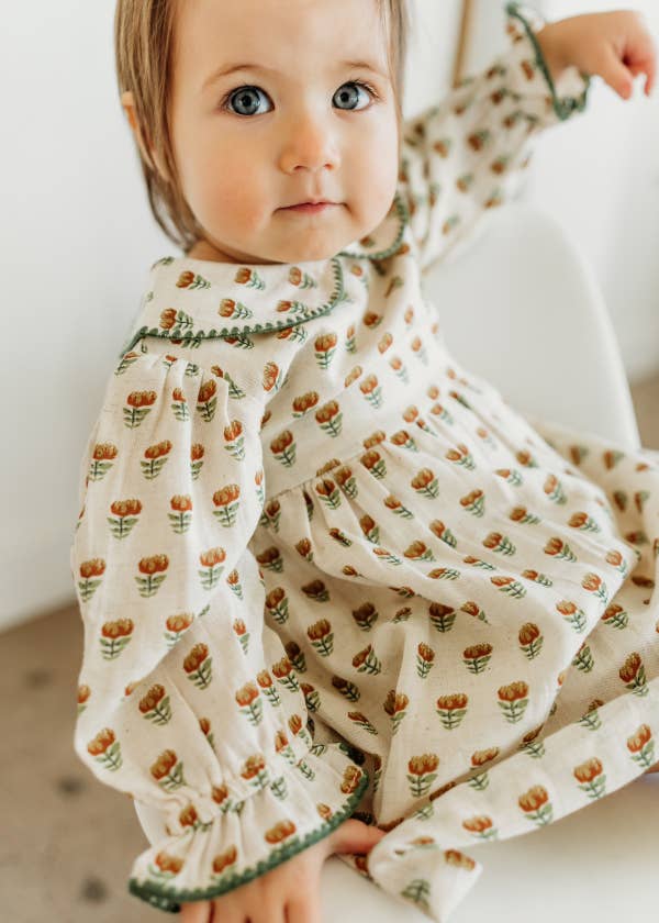 Ina Block Print Floral Baby Dress & Bloomer Set (Linen)