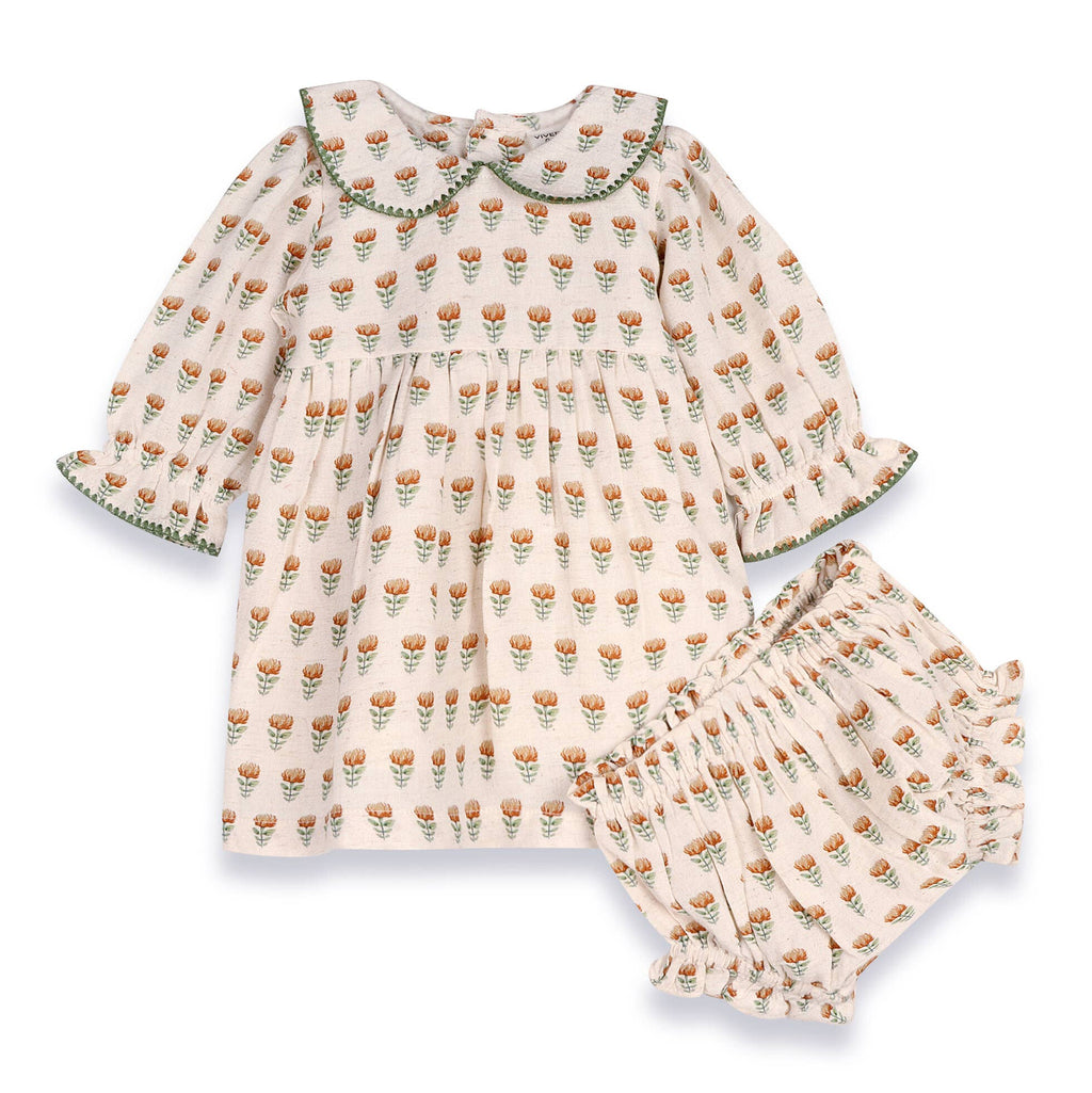 Ina Block Print Floral Baby Dress & Bloomer Set (Linen)