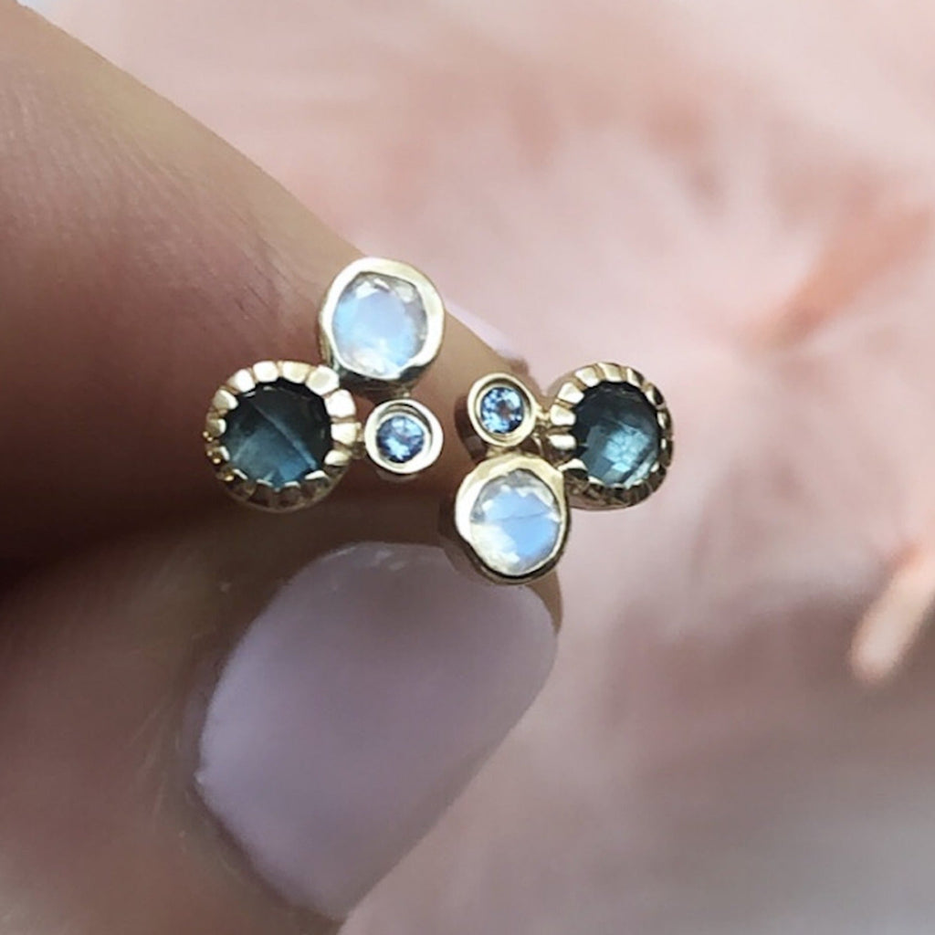 14kt Rainbow Moonstone London Blue Topaz and Aquamarine Cluster Studs